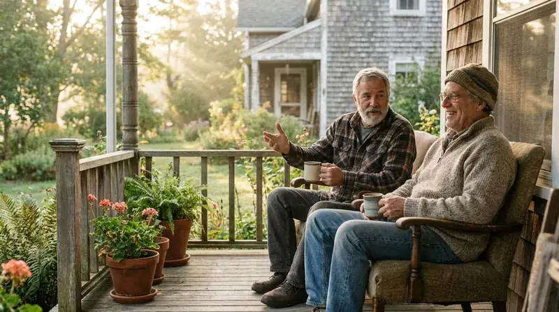 Two men in their sixties talking over coffee on a wooden porch in the morning