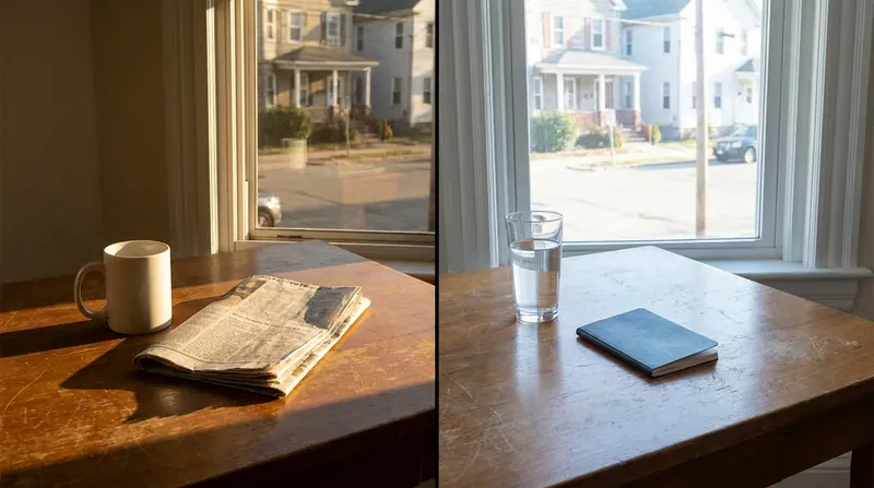 Split image of a coffee mug on a desk in late-afternoon light, and the same desk next morning with a glass of water and a notebook