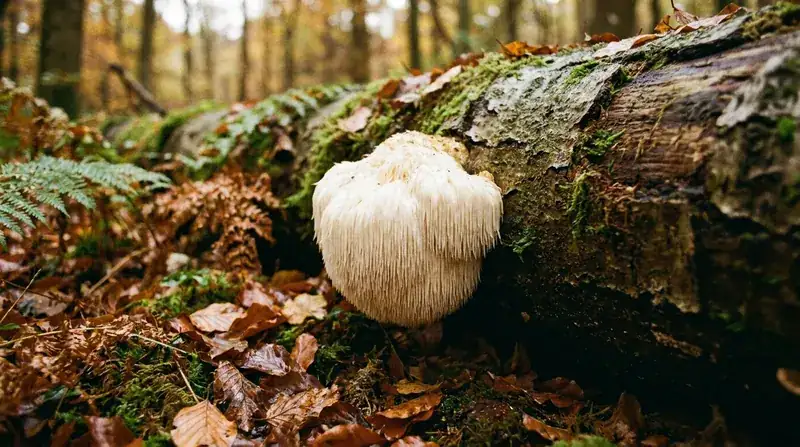 A white lion's mane mushroom with hanging spines growing on a fallen beech log