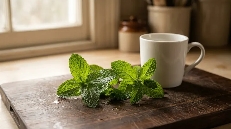 Fresh peppermint sprigs on a wooden board beside a white coffee mug in morning light