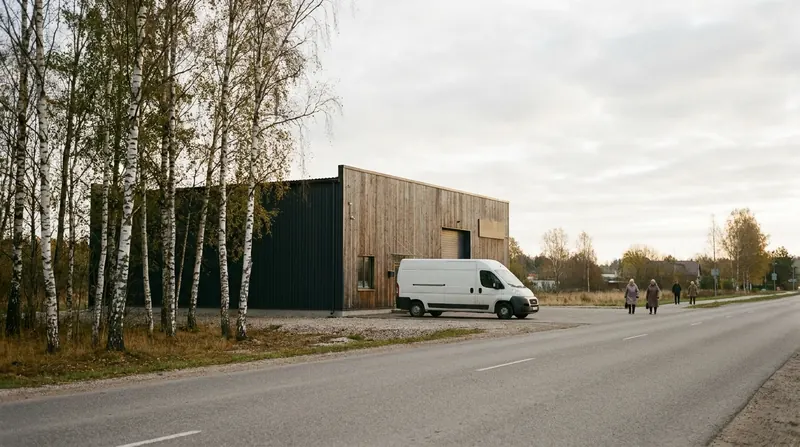 A small warehouse and office building among birch trees in a flat Estonian suburb at dawn