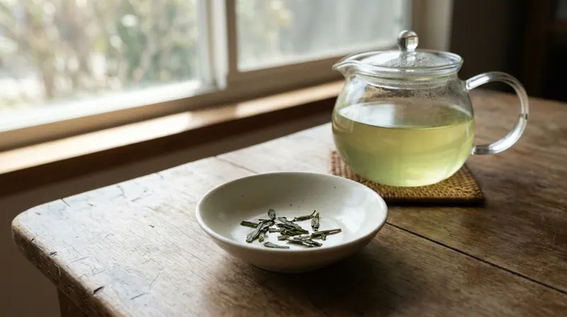 Loose green tea leaves in a small white bowl beside a glass teapot of pale green tea