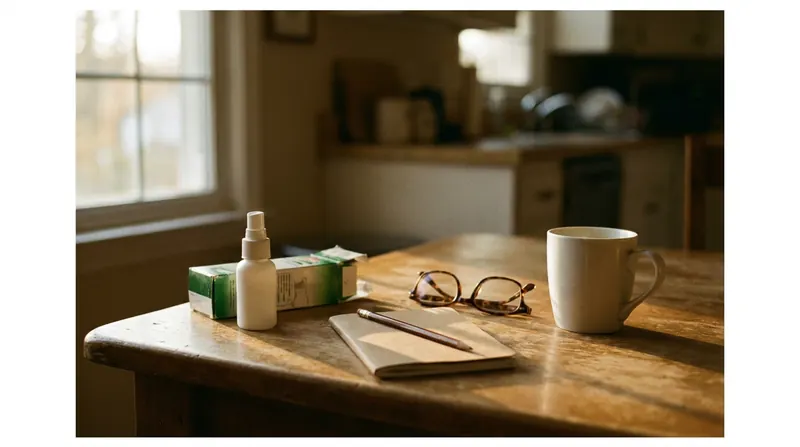 A kitchen table at dusk with a small white spray bottle, its box, a notebook with a pencil, reading glasses and an empty mug