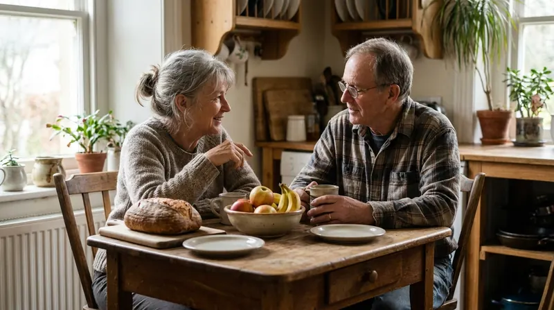 An older couple talking at a small kitchen table over breakfast in the morning
