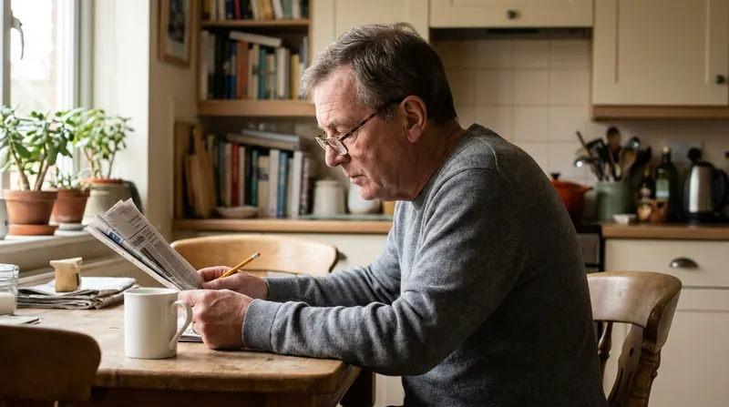 A man in his sixties with reading glasses reading a folded newspaper at the kitchen table in the morning