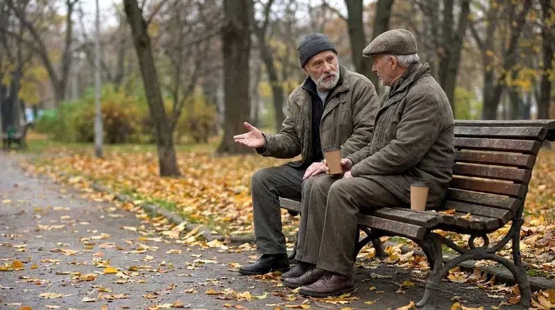 Two friends in their late sixties talking on a park bench in autumn with coffee