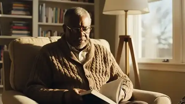 A man in his sixties in an armchair by the window lowering his book, taking off his reading glasses and looking outside before reading again