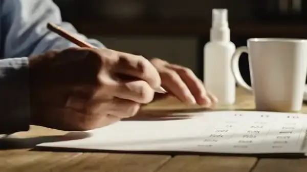 A man's hands crossing off days on a paper calendar with a pencil beside a small white spray bottle and a mug