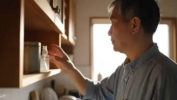 A man in his sixties taking a small white spray bottle from the shelf beside the coffee tin, using it once and putting it back