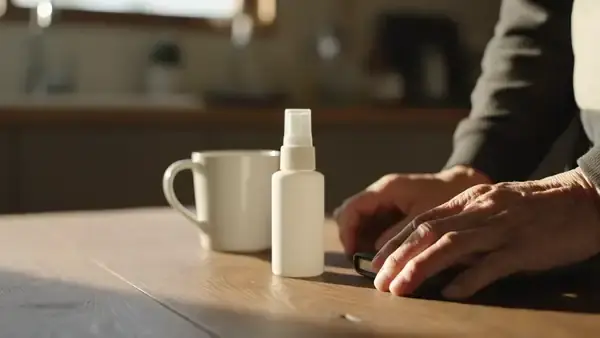 A man's hands shaking a small white spray bottle, pressing the pump once and setting it down beside a mug and a notebook