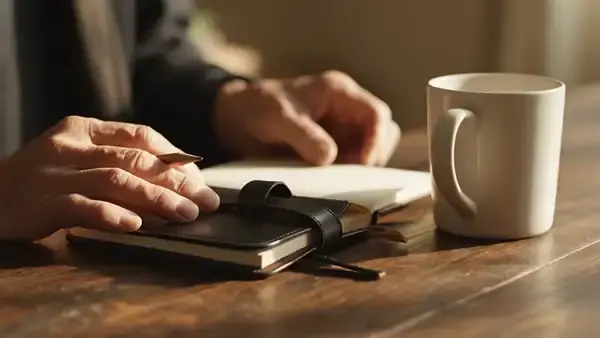 A man's hands writing one short line in a pocket notebook and closing it beside a mug