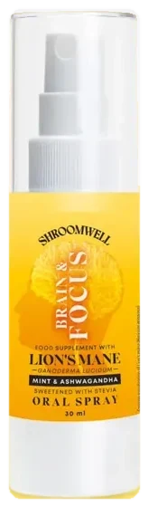 The white 30-milliliter airless Shroomwell Brain & Focus Spray bottle, cut out from the seller's photograph
